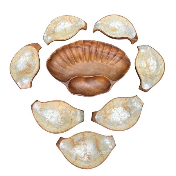 Monkey Pod Philippine Wood Capiz Shell Salad Bowls Serving Tray Set of 8 MCM - Picture 1 of 9